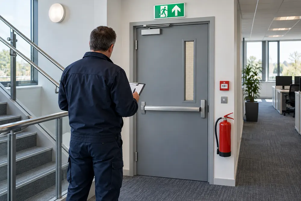 Inspector reviewing an office escape route with a clipboard