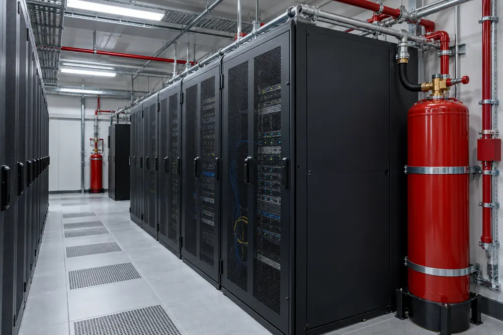 Fixed fire suppression equipment beside server racks
